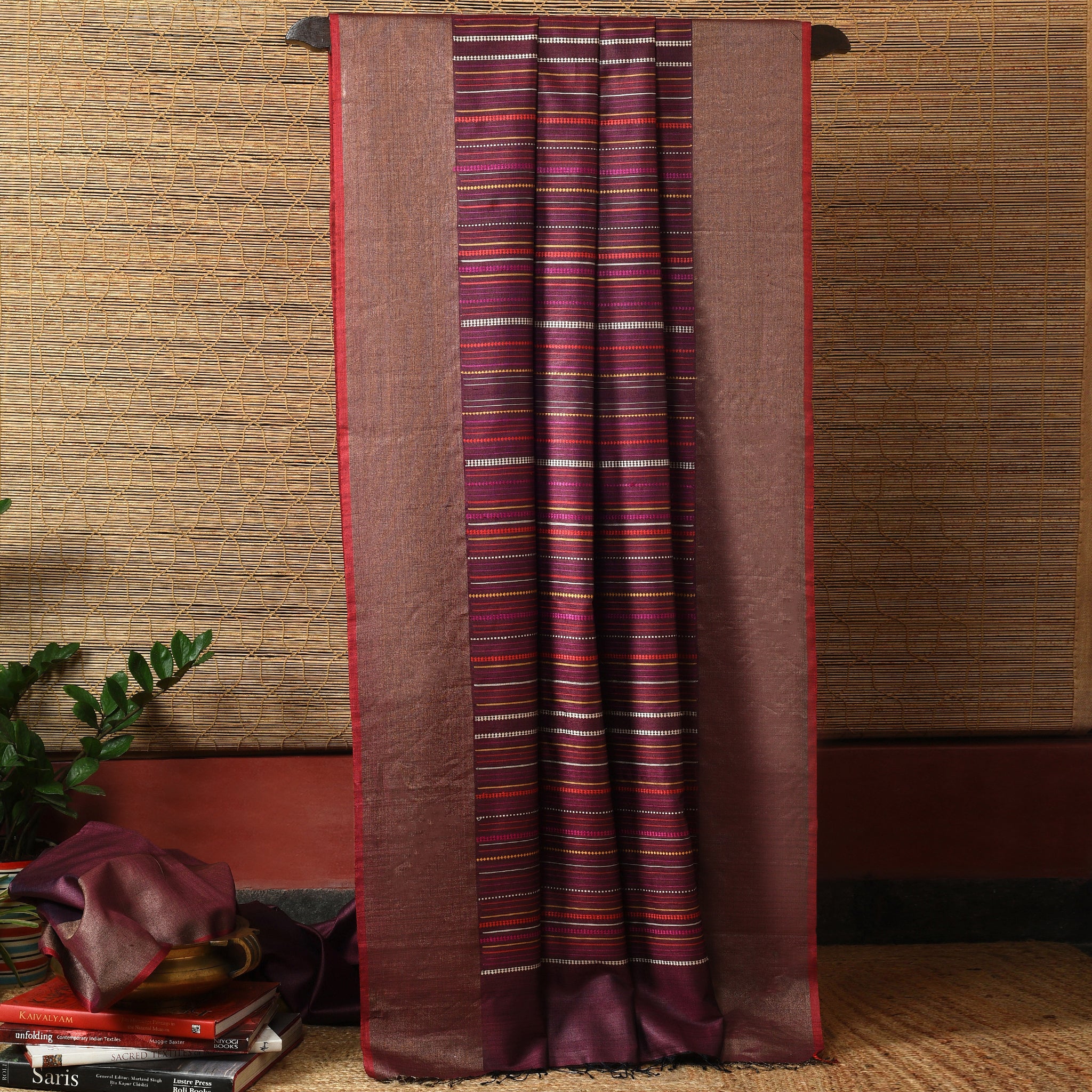 BEEJ Long Pallu Handwoven Tussar Silk Saree - Velvet Burgundy