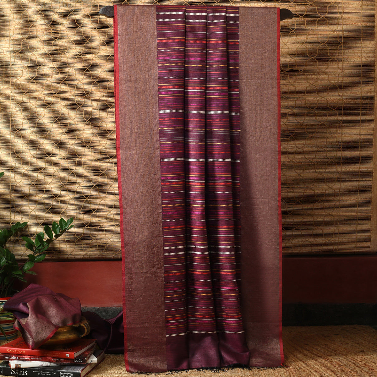 BEEJ Long Pallu Handwoven Tussar Silk Saree - Velvet Burgundy