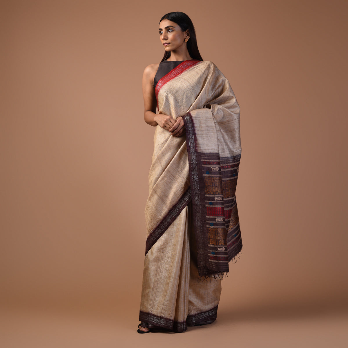 SAGAR Handwoven Tussar Silk Saree - Beige
