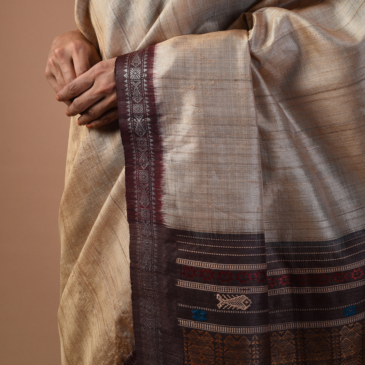 SAGAR Handwoven Tussar Silk Saree - Beige