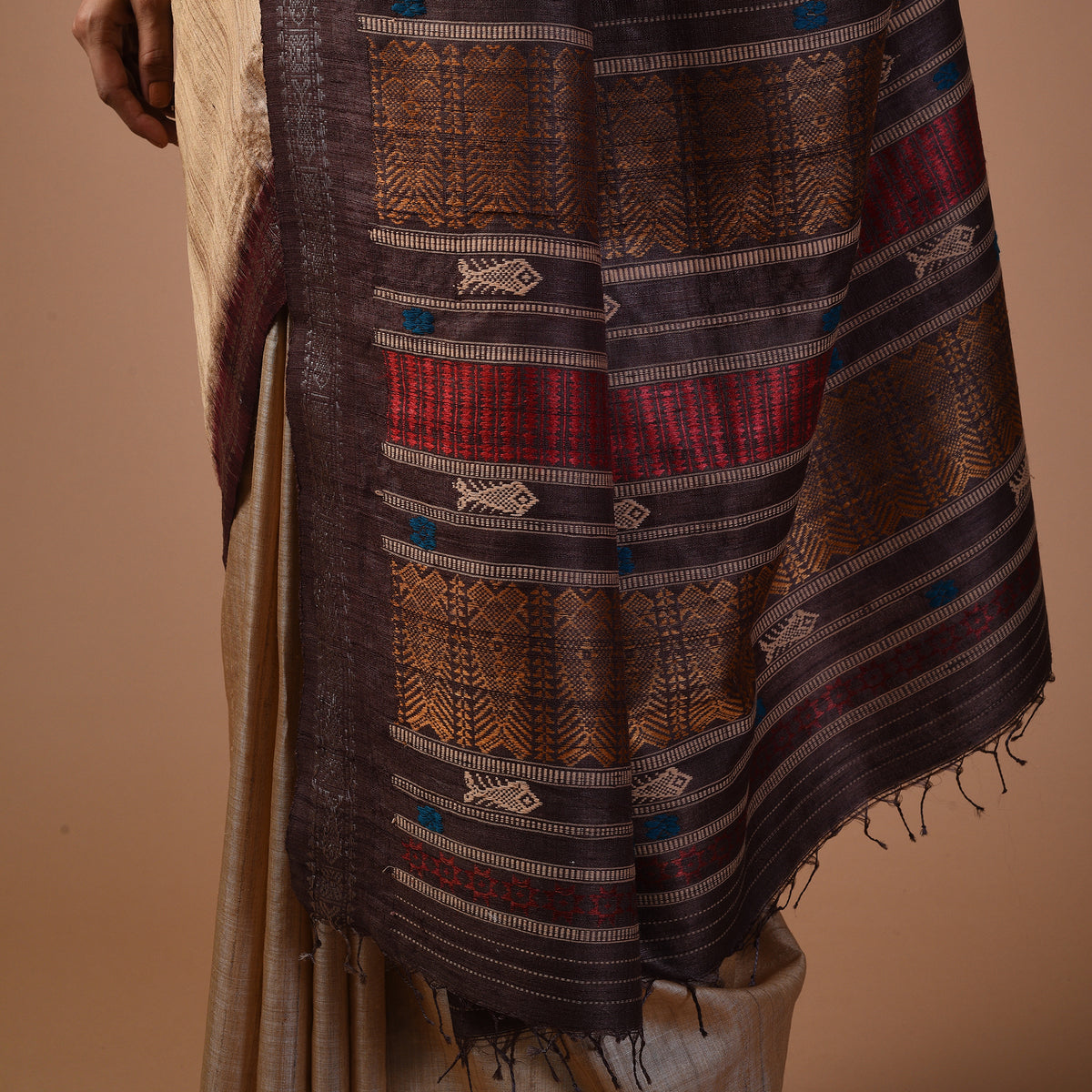 SAGAR Handwoven Tussar Silk Saree - Beige