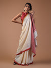 DESI KUMBHA Tussar/Cotton Handwoven Saree - Ivory Golden Red Border