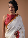 DESI KUMBHA Tussar/Cotton Handwoven Saree - Ivory Golden Red Border