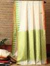 DESI KUMBHA Handwoven Tussar/Cotton Saree - Ivory Gold Green Border - Vriksh Designs