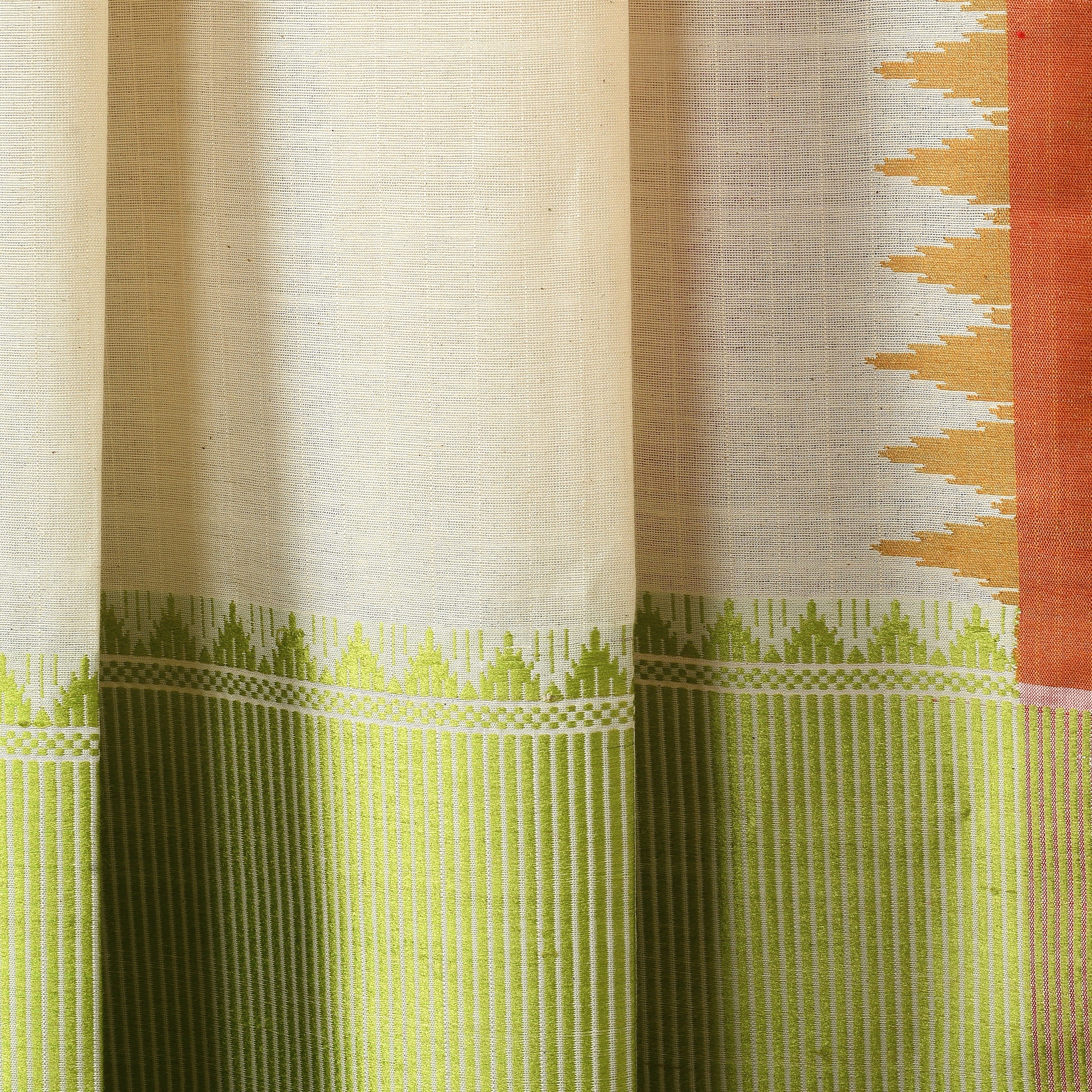 DESI KUMBHA Handwoven Tussar/Cotton Saree - Ivory Gold Green Border - Vriksh Designs