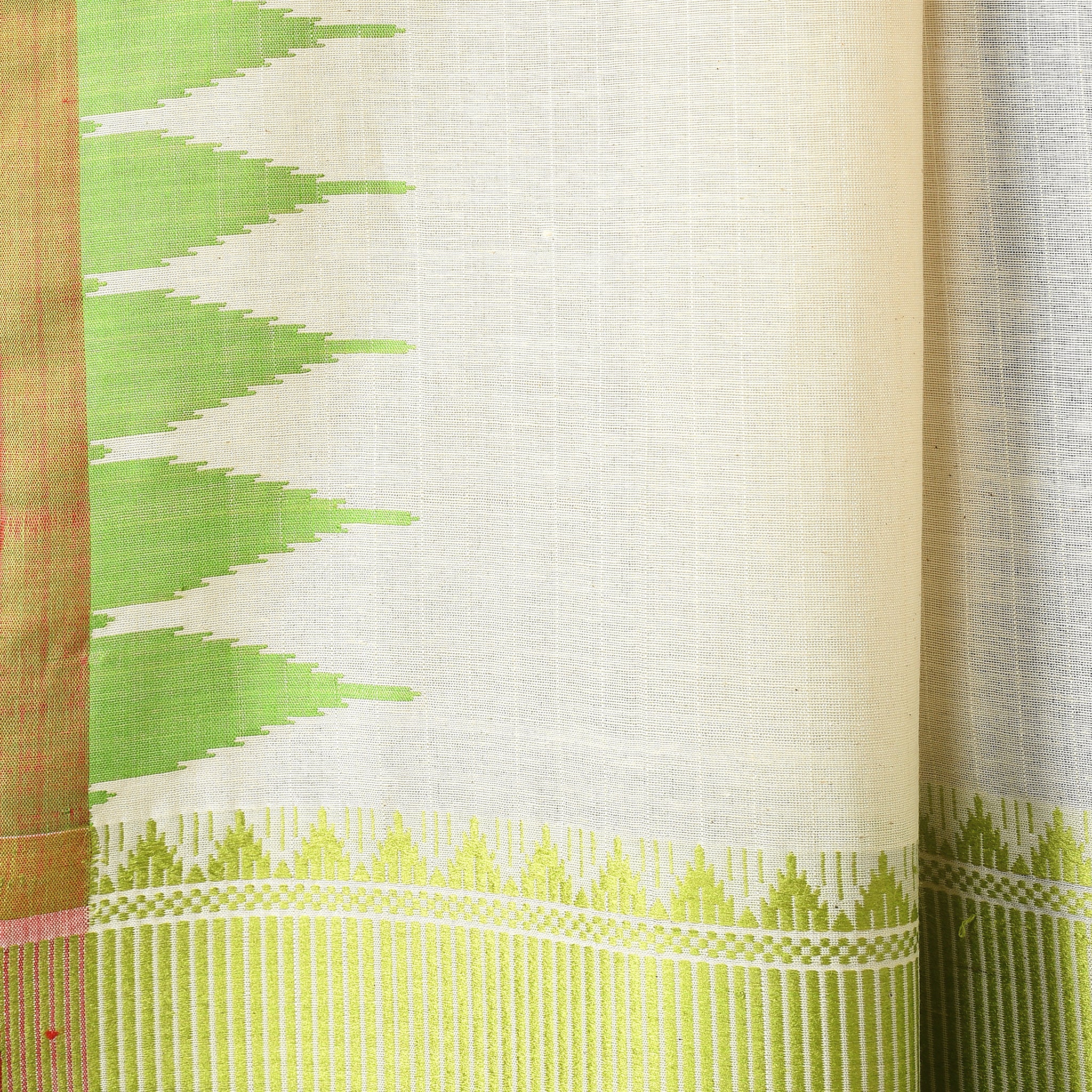 DESI KUMBHA Handwoven Tussar/Cotton Saree - Ivory Gold Green Border - Vriksh Designs