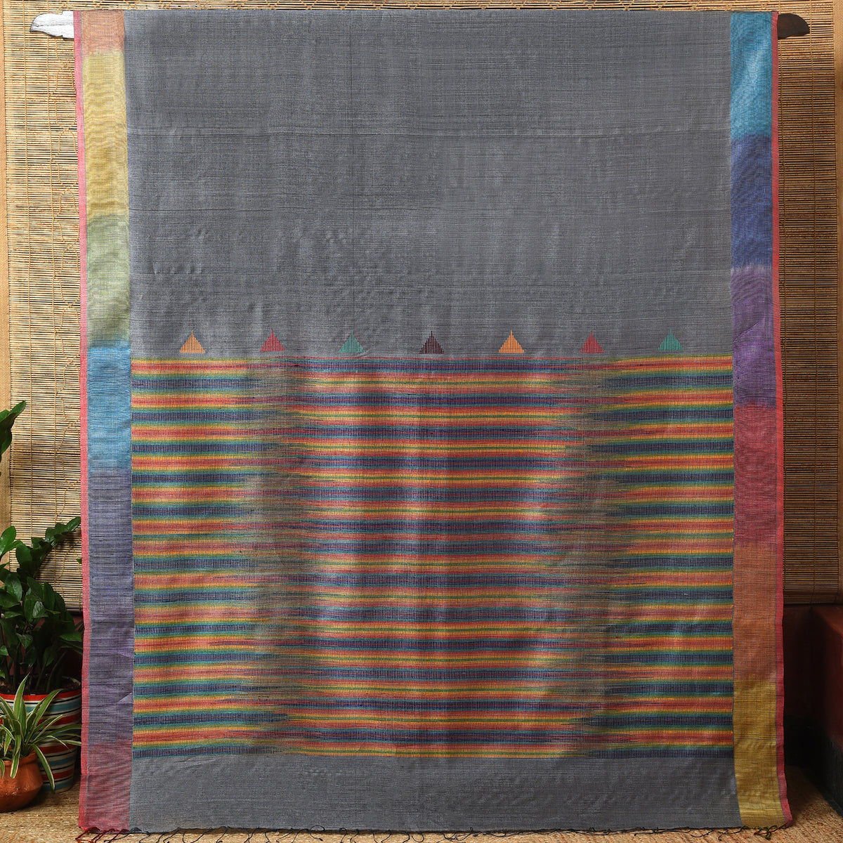 Ikat Tussar Satrang Silk Sari - Iron Grey