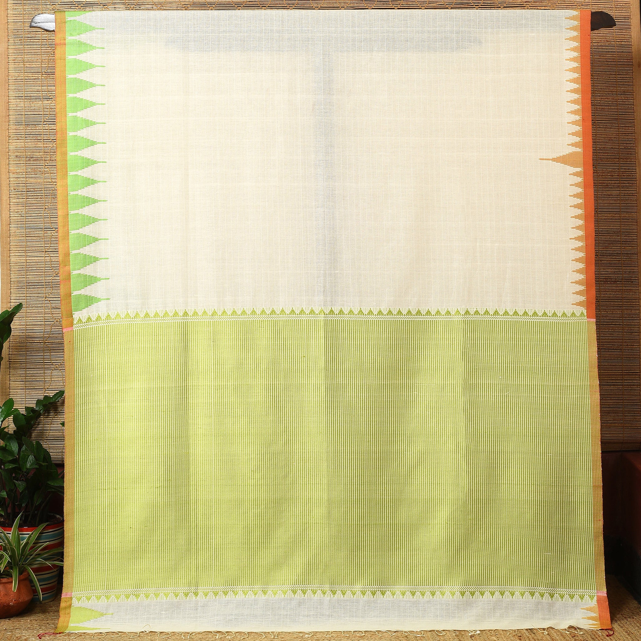 DESI KUMBHA Handwoven Tussar/Cotton Saree - Ivory Gold Green Border - Vriksh Designs