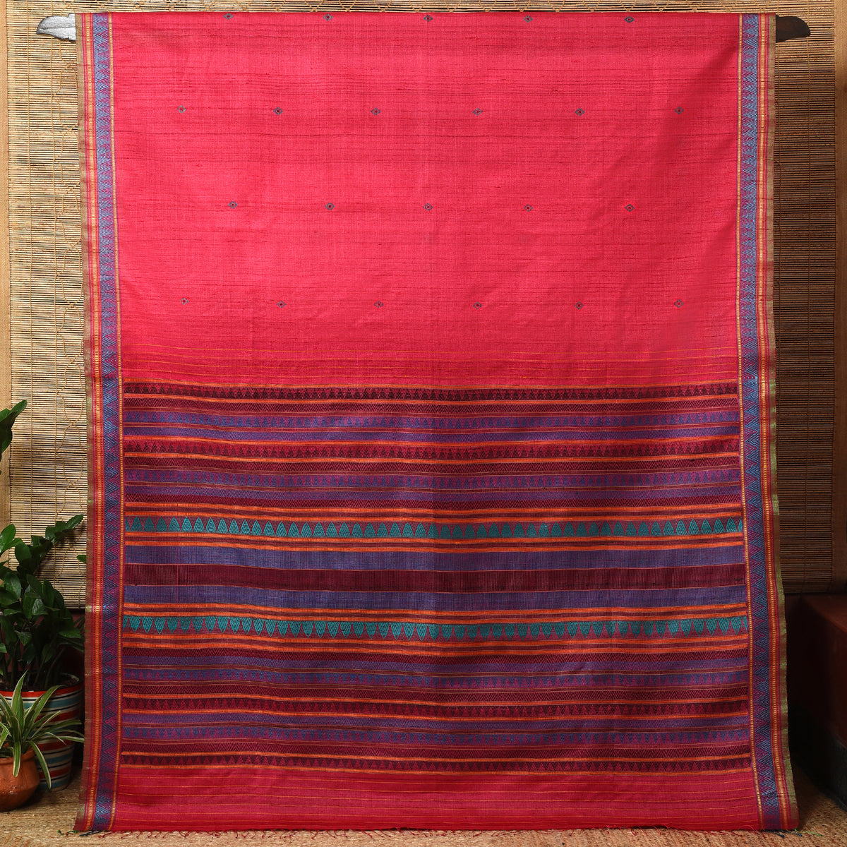 DONGRIA Handwoven Tussar Silk Saree - Deep pink