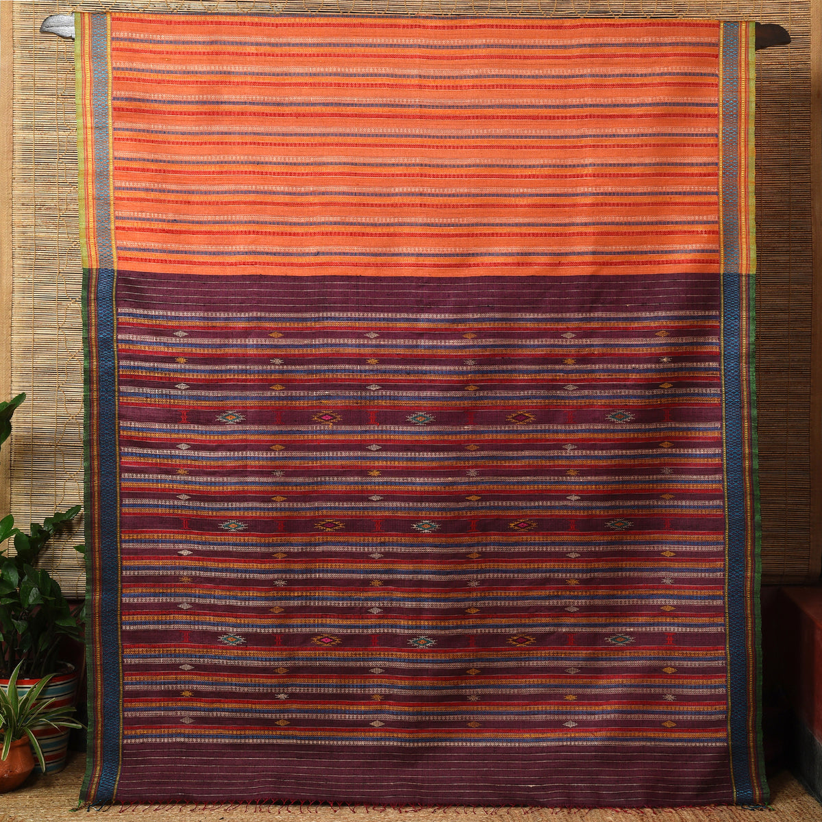 BOMKAI Long Pallu Handwoven Tussar Silk Saree | Rust orange