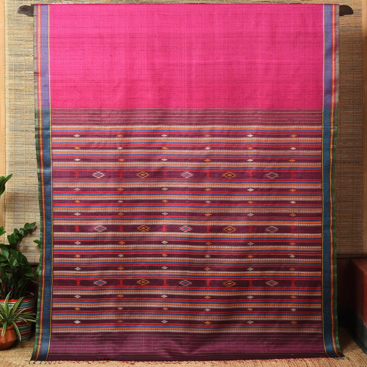 BOMKAI Handwoven Tussar Silk Saree - Deep pink