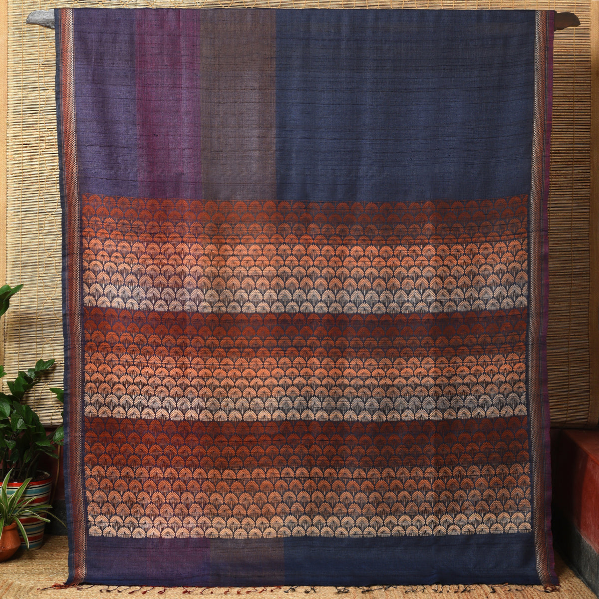 JHOTI Handwoven Tussar Silk Saree - Navy Blue