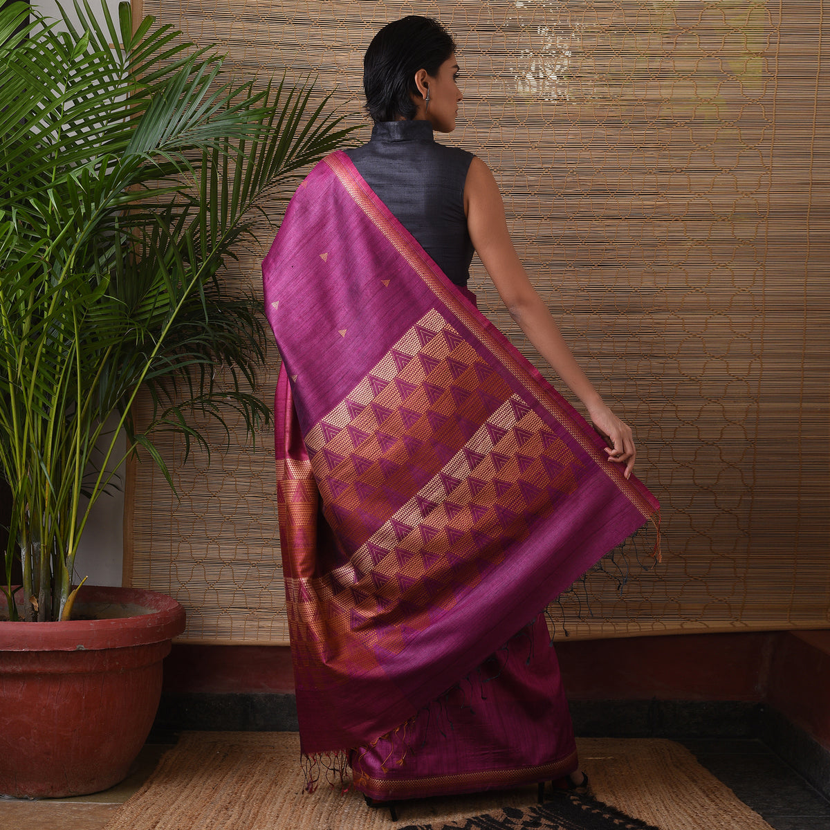 BHOR Handwoven Tussar Silk Saree - Magenta