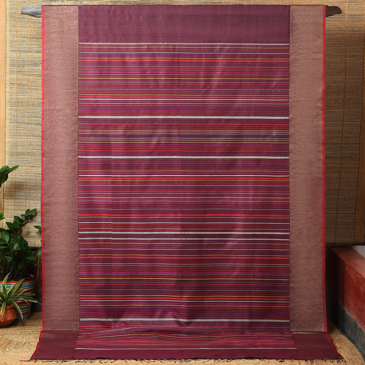 BEEJ Long Pallu Handwoven Tussar Silk Saree - Velvet Burgundy