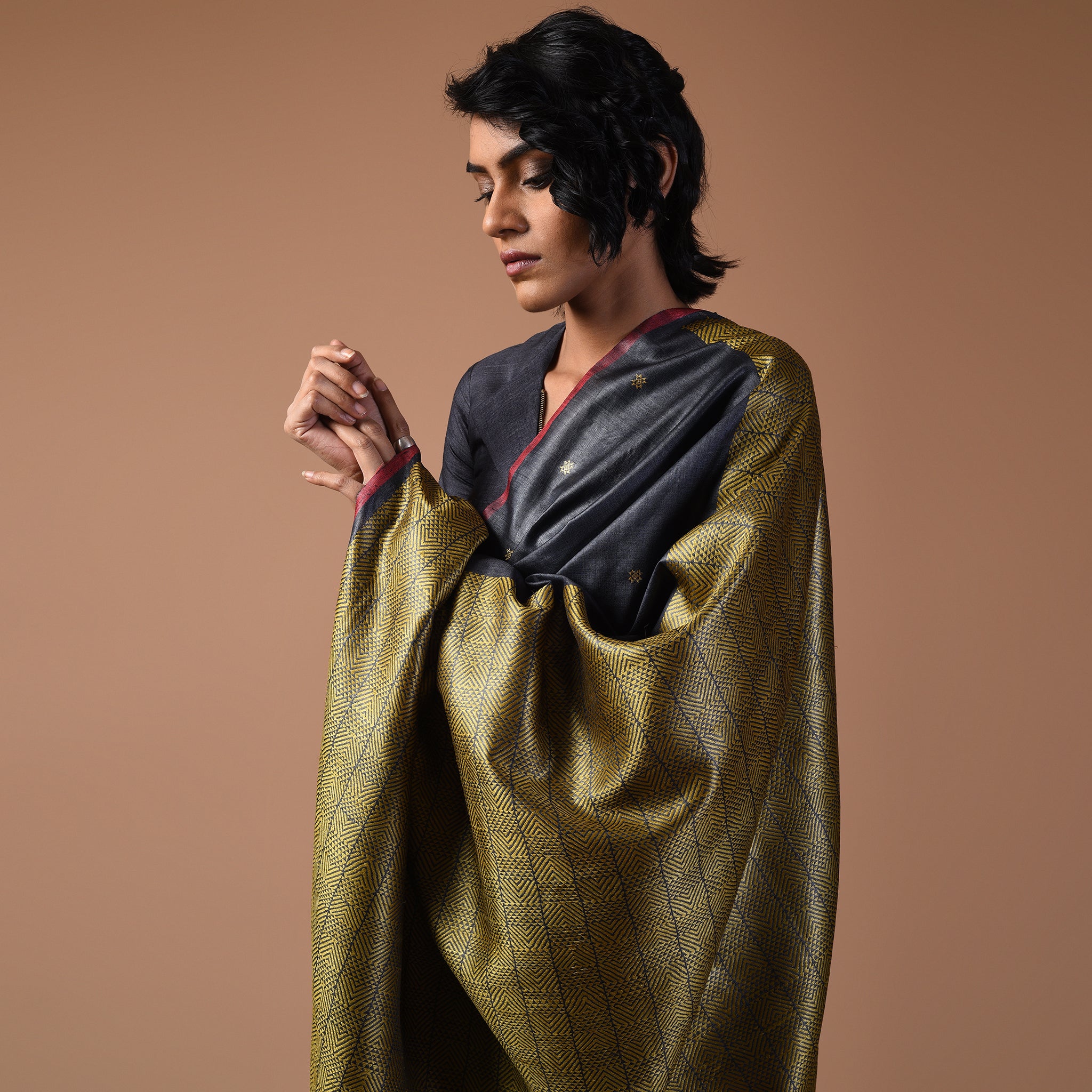 ZARI BUTI Handwoven Tussar Silk Saree - Black Gold