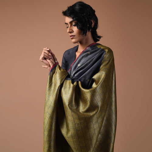 ZARI BUTI Handwoven Tussar Silk Saree - Black Gold