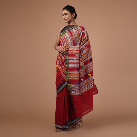 BOMKAI Cotton Handwoven Saree - Red