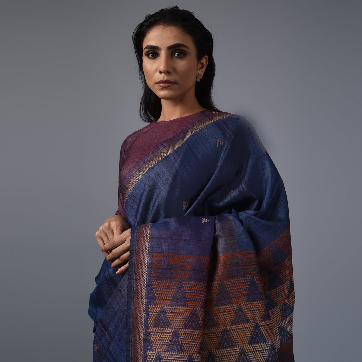 BHOR Handwoven Tussar Silk Saree - Dark Navy Blue