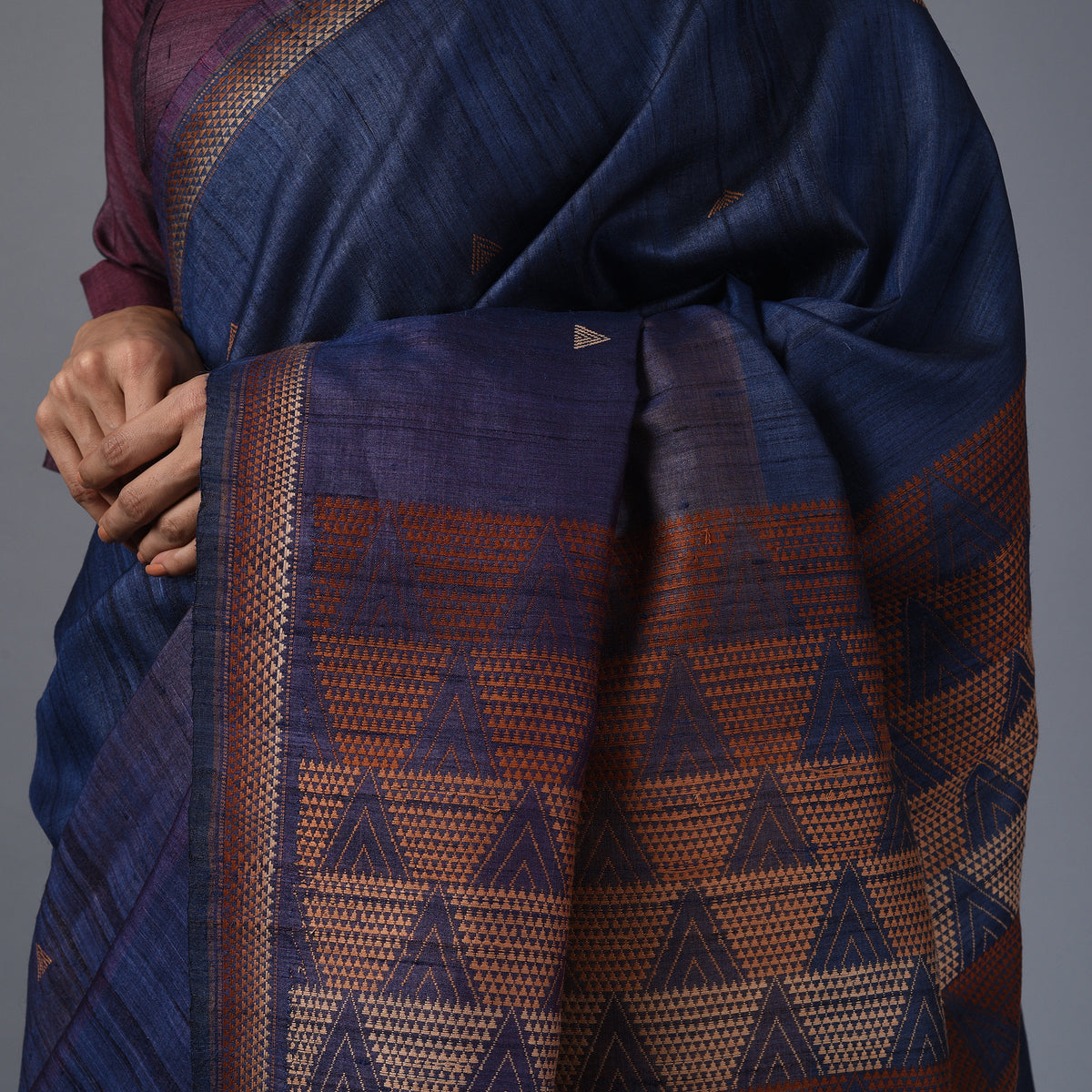 BHOR Handwoven Tussar Silk Saree - Dark Navy Blue