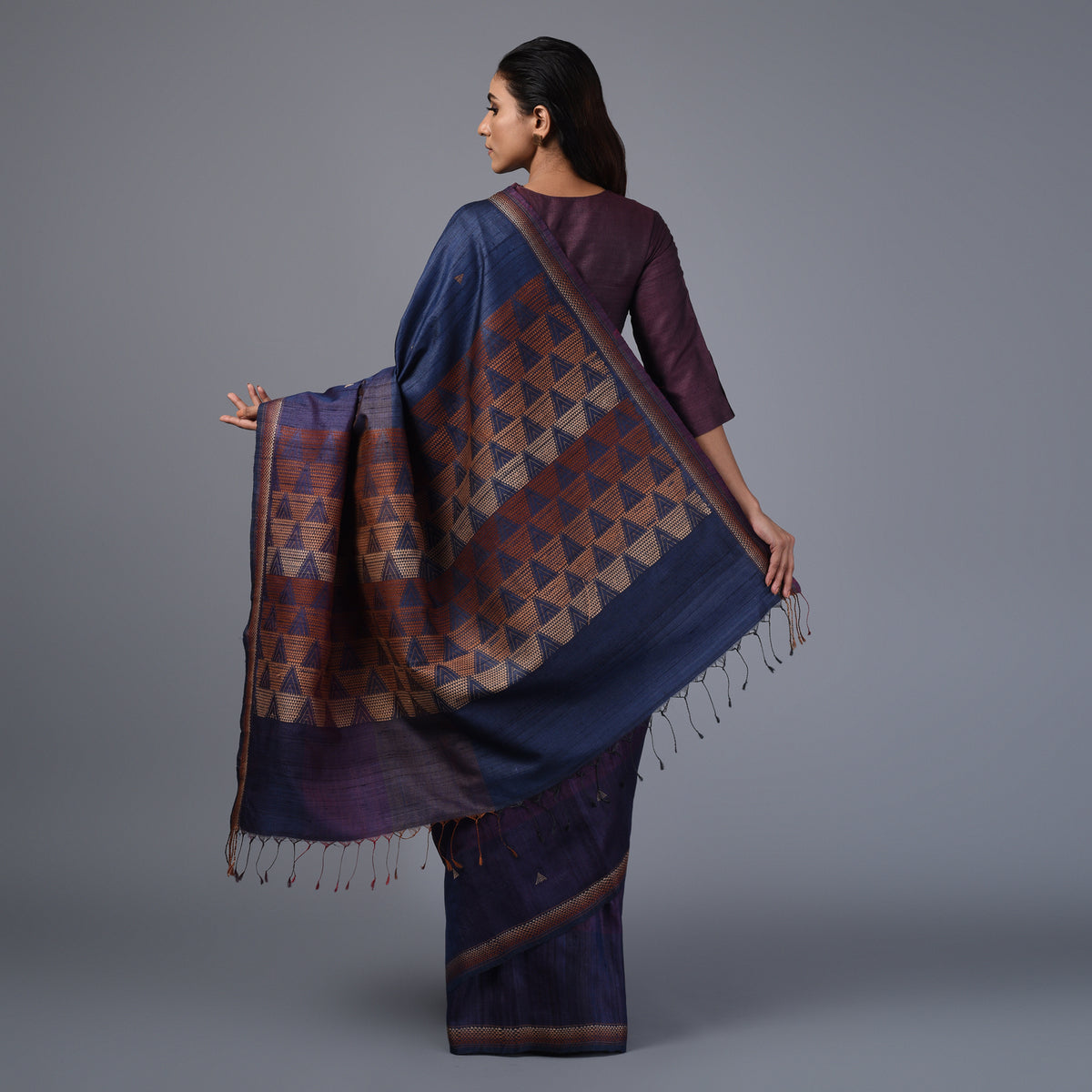 BHOR Handwoven Tussar Silk Saree - Dark Navy Blue