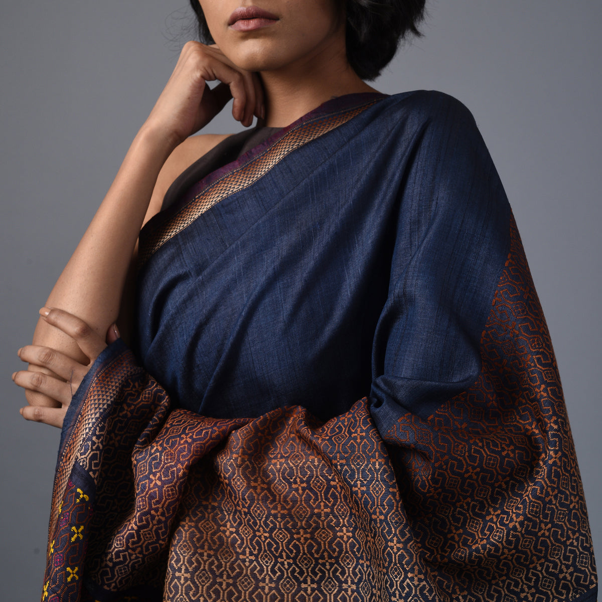 TRI RATNA Tussar Silk Sari - Steel Blue