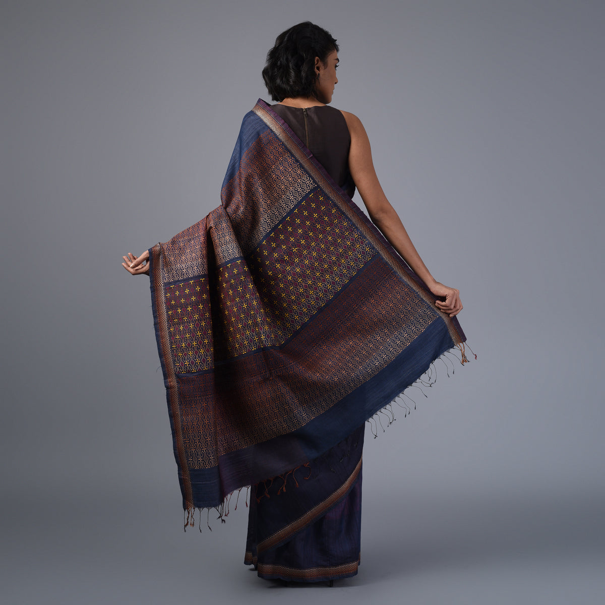 TRI RATNA Tussar Silk Sari - Steel Blue