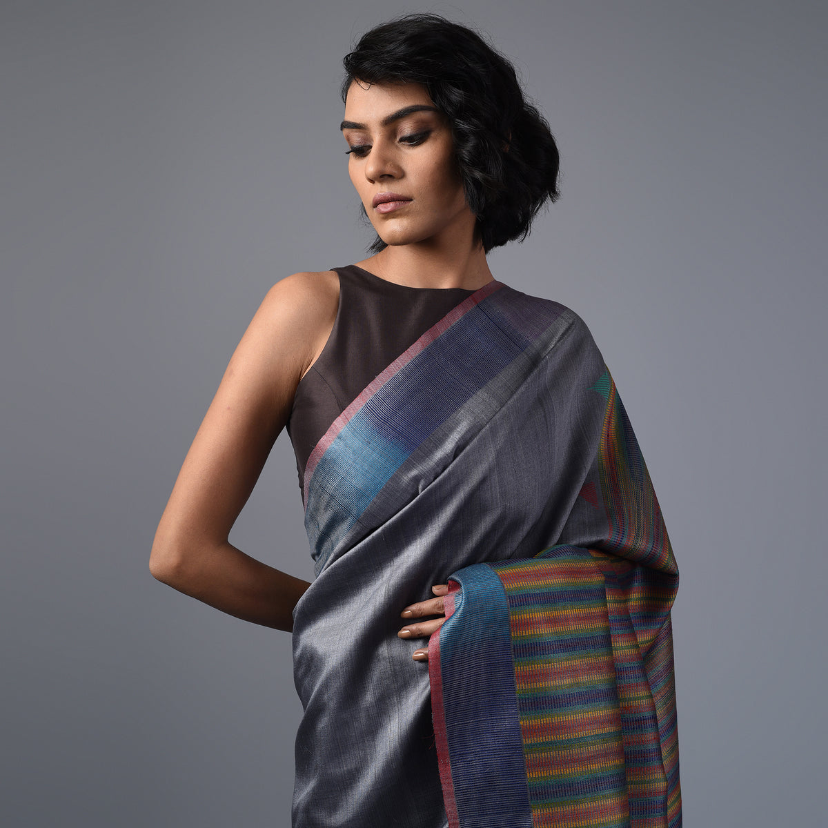 Ikat TUSSAR Satrang Silk Sari - Steel Blue