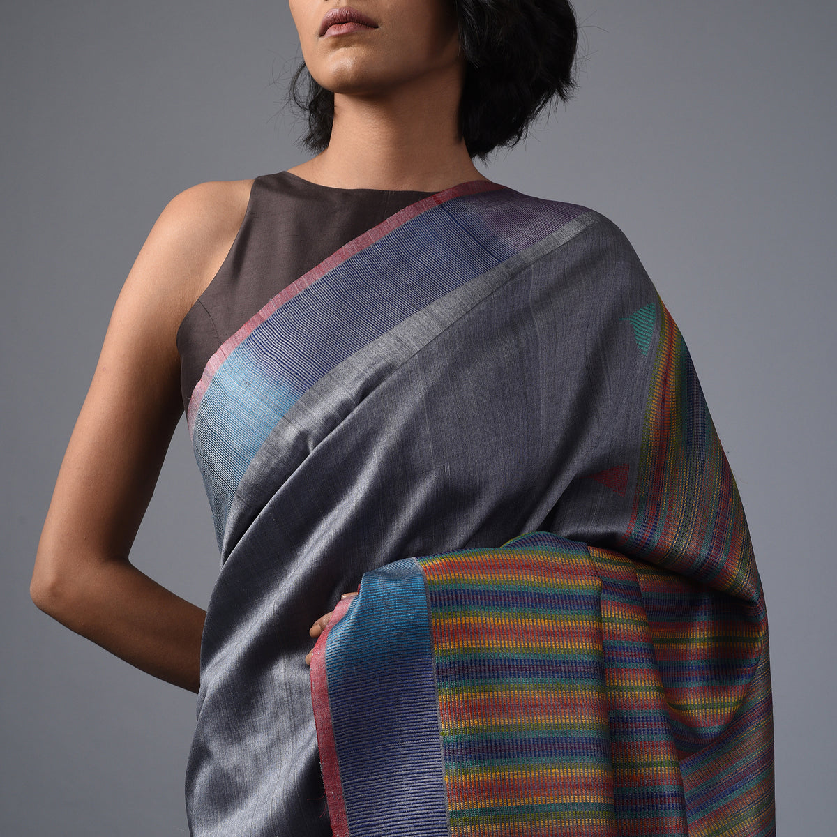 Ikat TUSSAR Satrang Silk Sari - Steel Blue