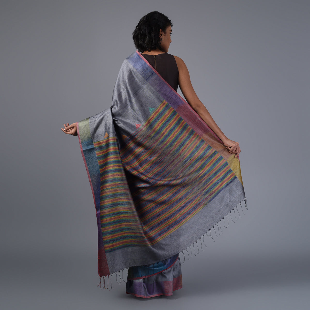 Ikat TUSSAR Satrang Silk Sari - Steel Blue