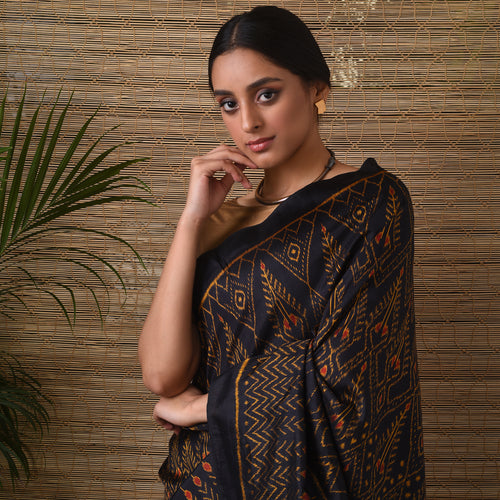 SARONG Handwoven Ikat Silk Saree - Black