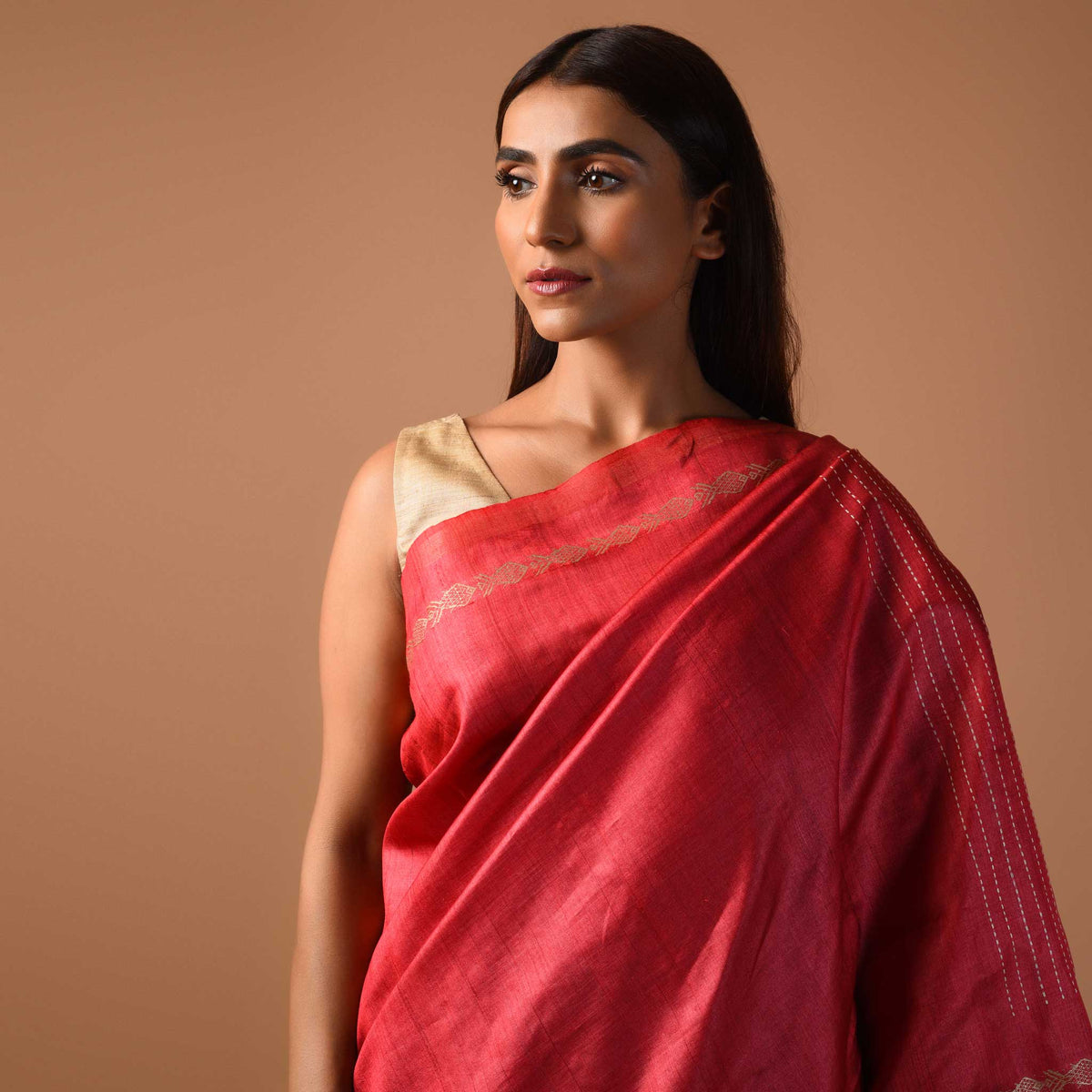 MACHLI (FISH) Handwoven Tussar Silk Saree - Red - Vriksh Designs