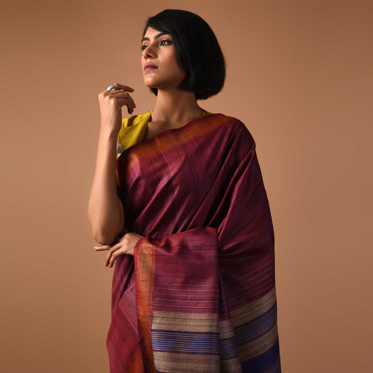 DHAAN Handwoven Tussar Silk Saree - Carmine Maroon