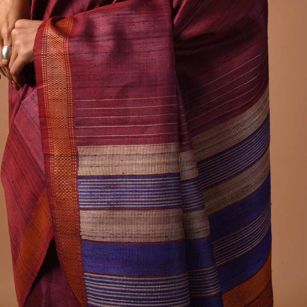 DHAAN Handwoven Tussar Silk Saree - Carmine Maroon