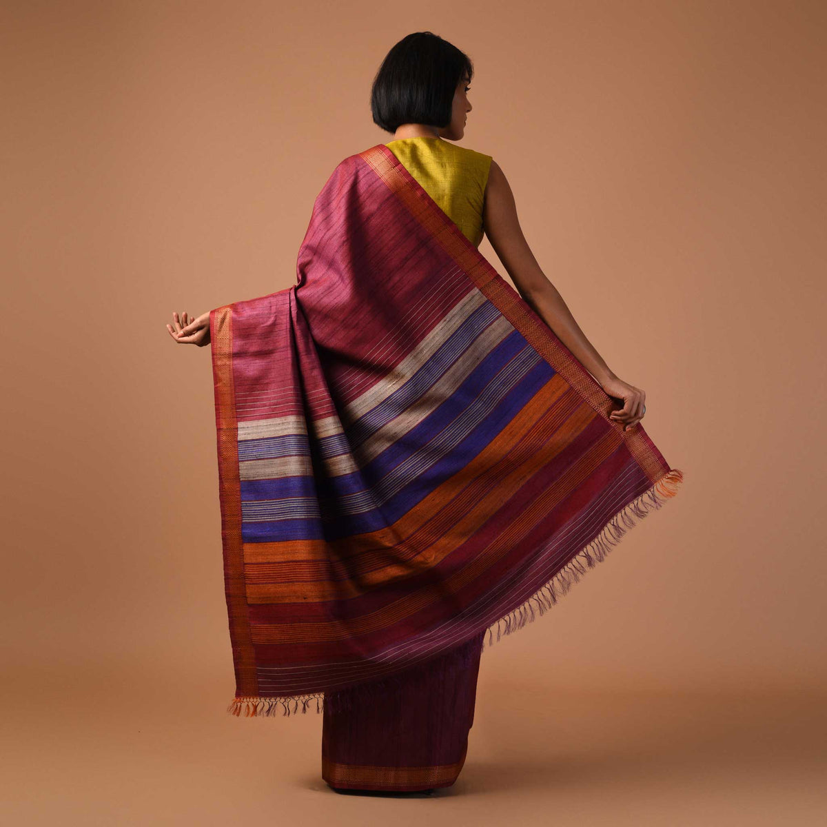 DHAAN Handwoven Tussar Silk Saree - Carmine Maroon