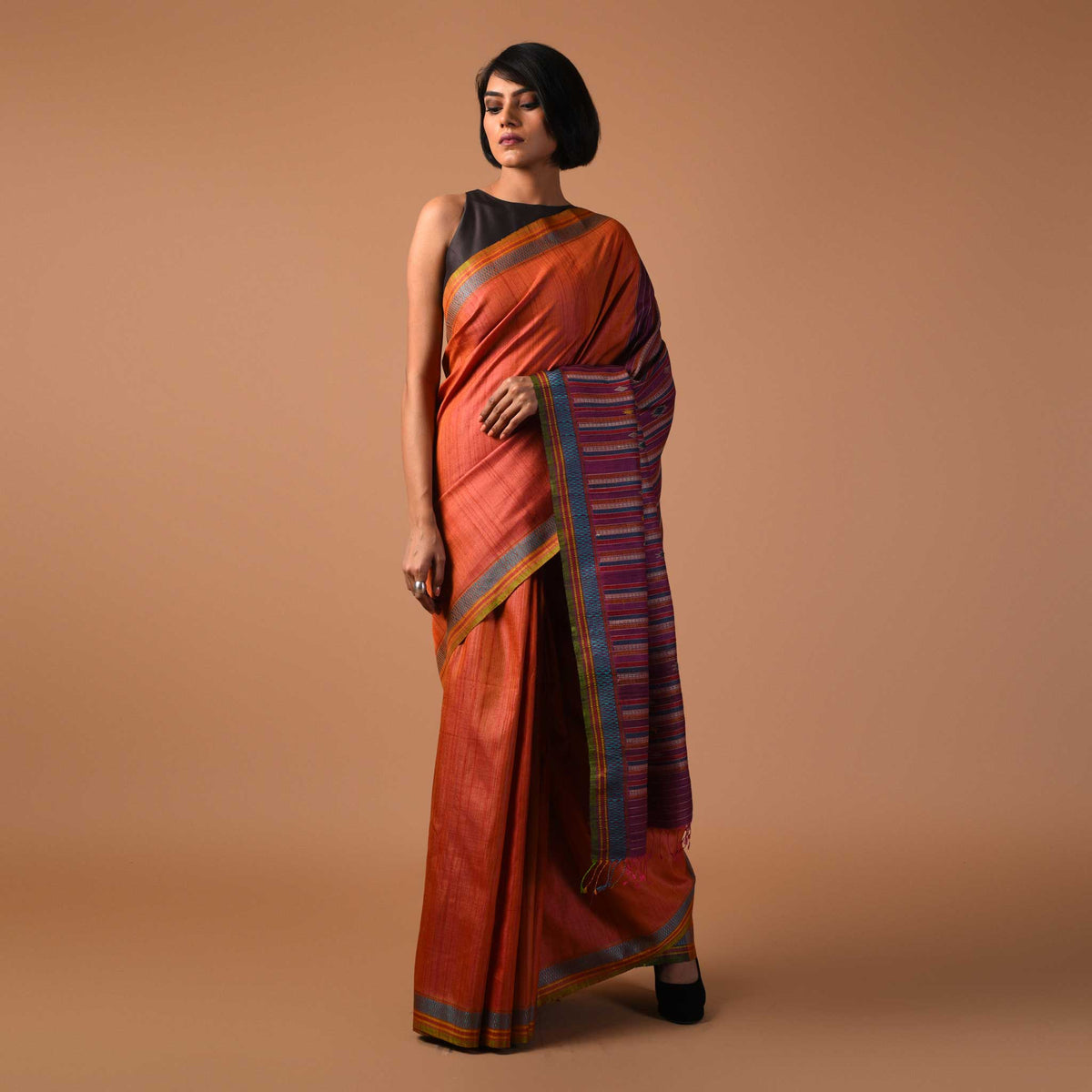 BOMKAI Handwoven Tussar Silk Saree - Orange