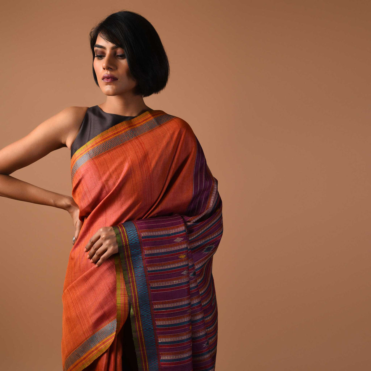 BOMKAI Handwoven Tussar Silk Saree - Orange