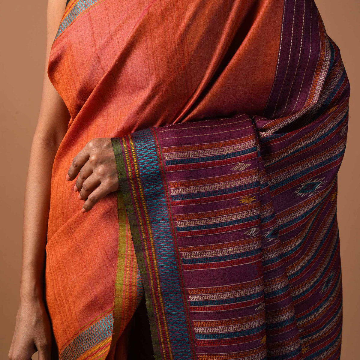 BOMKAI Handwoven Tussar Silk Saree - Orange