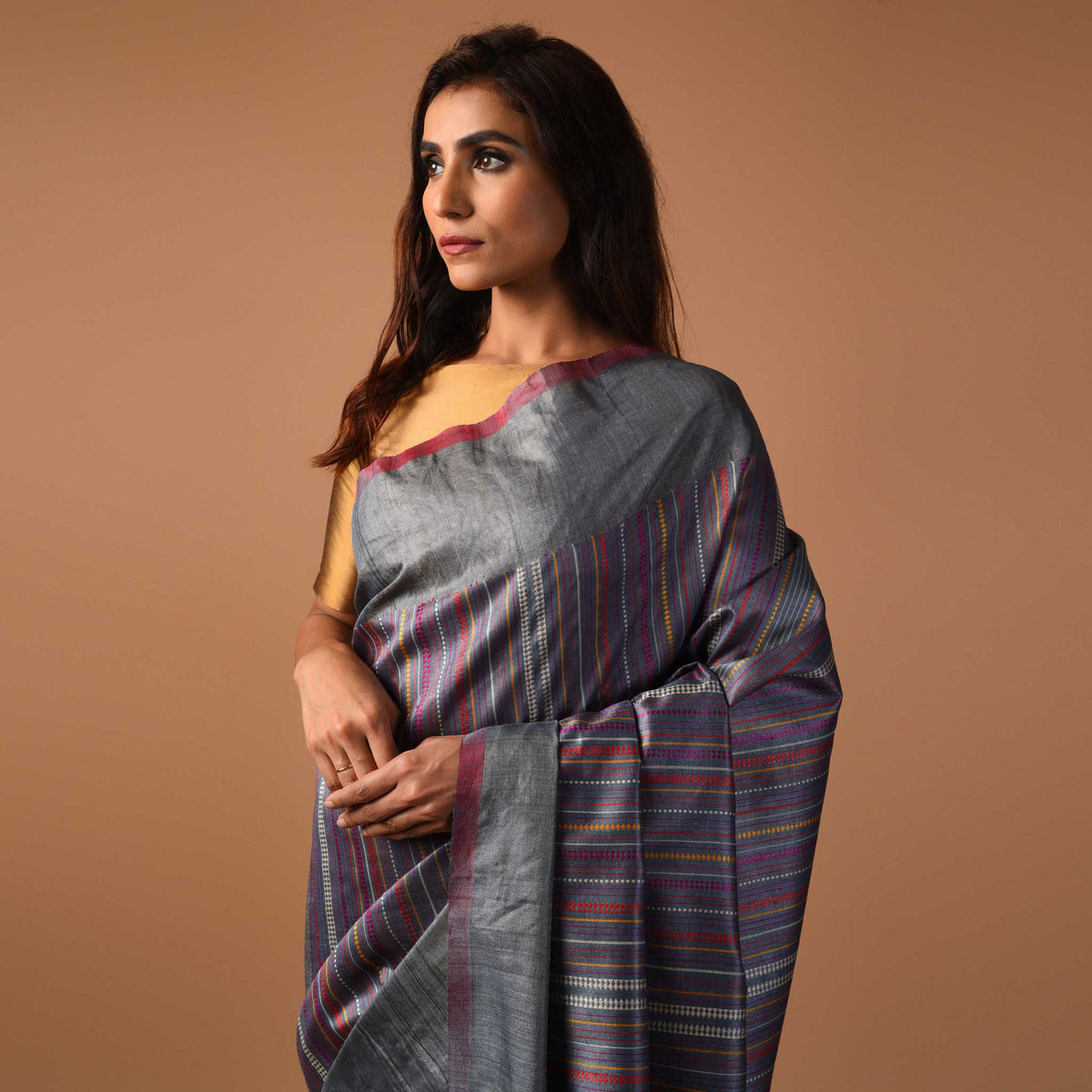 BEEJ Long Pallu Handwoven Tussar Silk Saree - Grey