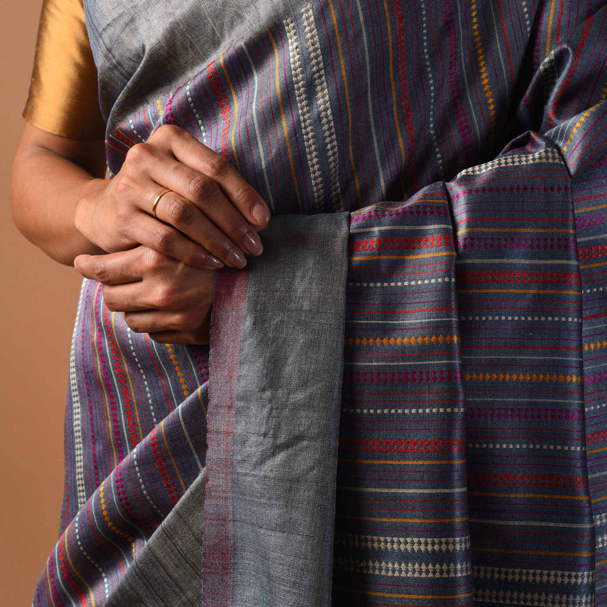 BEEJ Long Pallu Handwoven Tussar Silk Saree - Grey