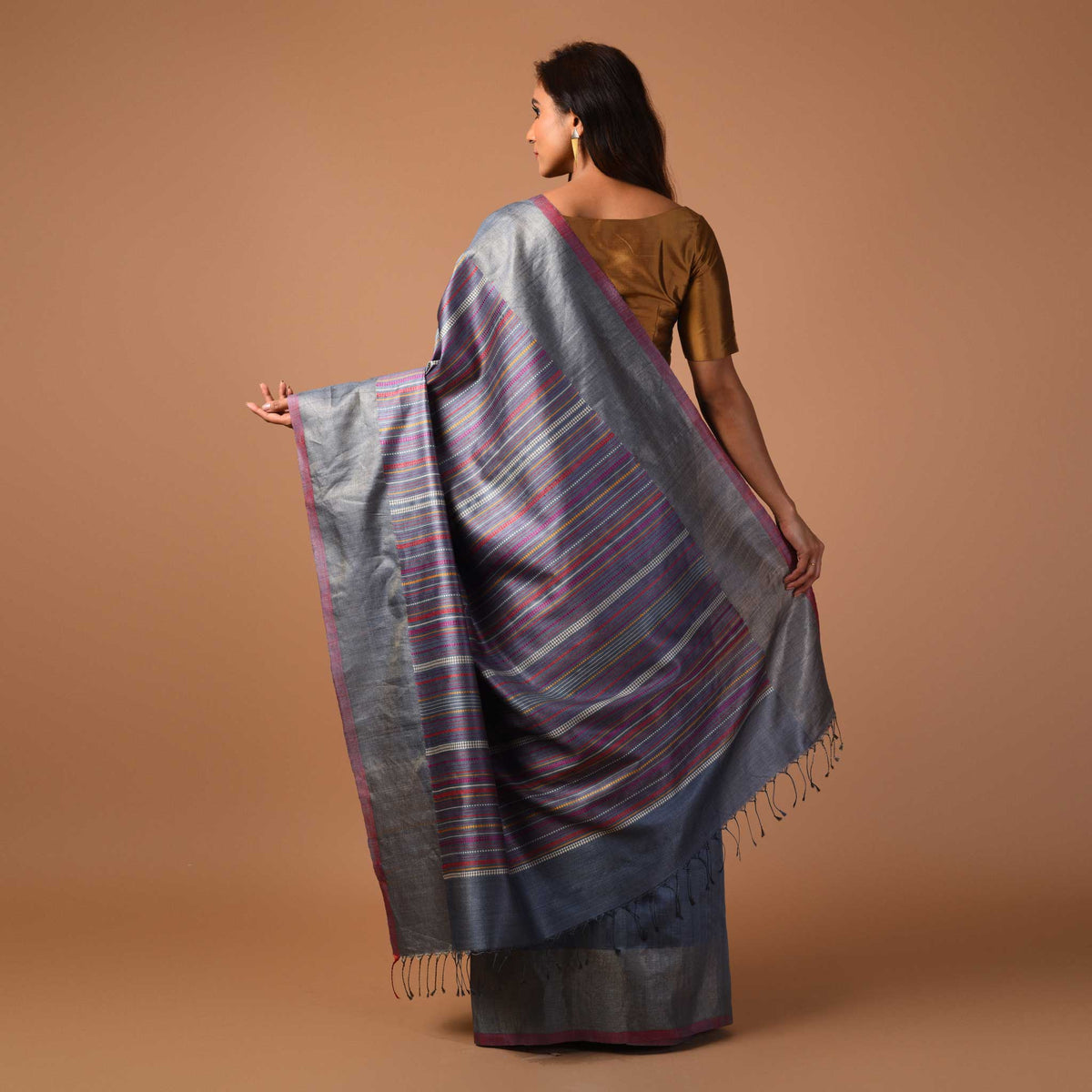 BEEJ Long Pallu Handwoven Tussar Silk Saree - Grey
