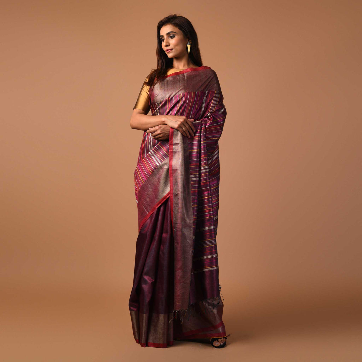 BEEJ Long Pallu Handwoven Tussar Silk Saree - Purple Burgundy