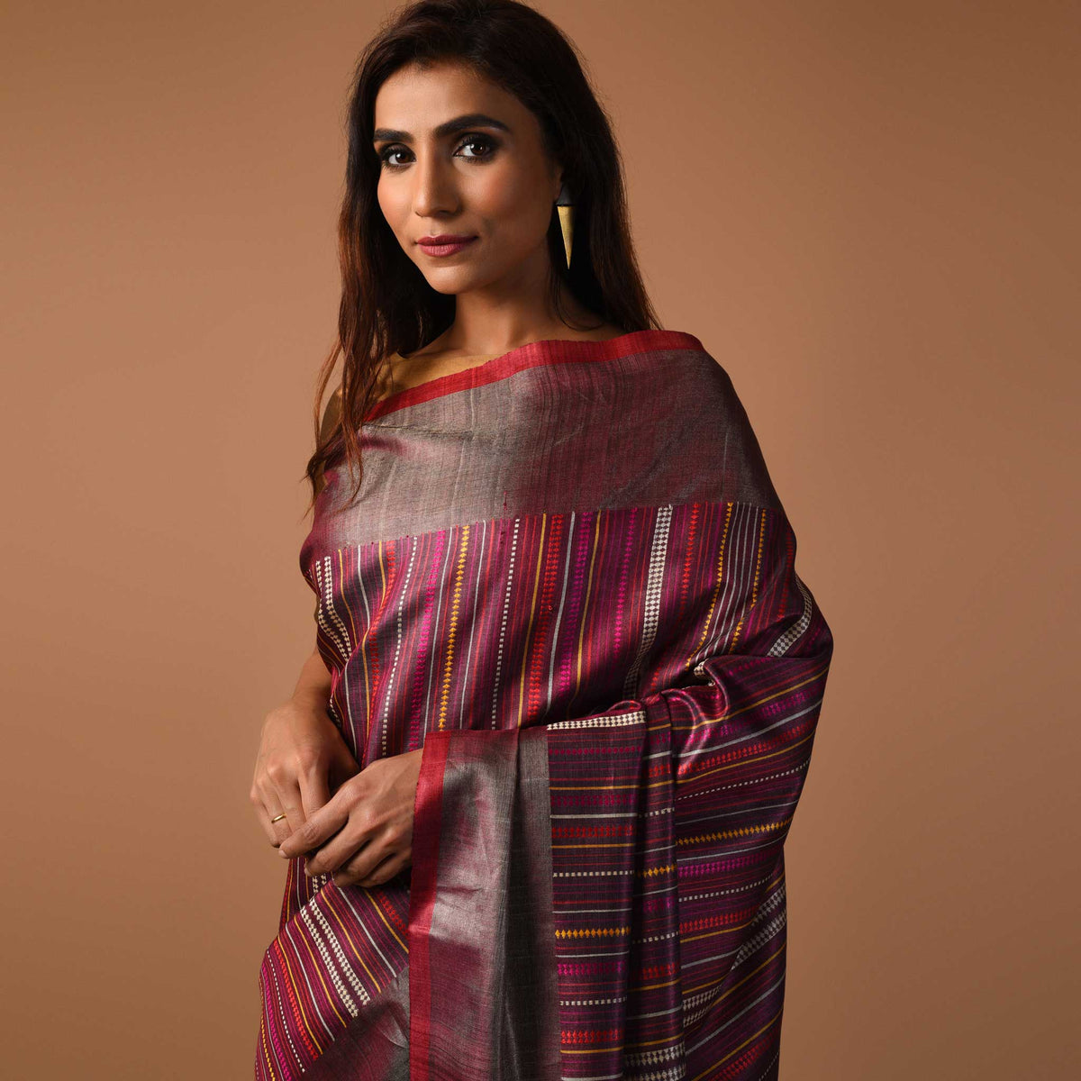 BEEJ Long Pallu Handwoven Tussar Silk Saree - Purple Burgundy