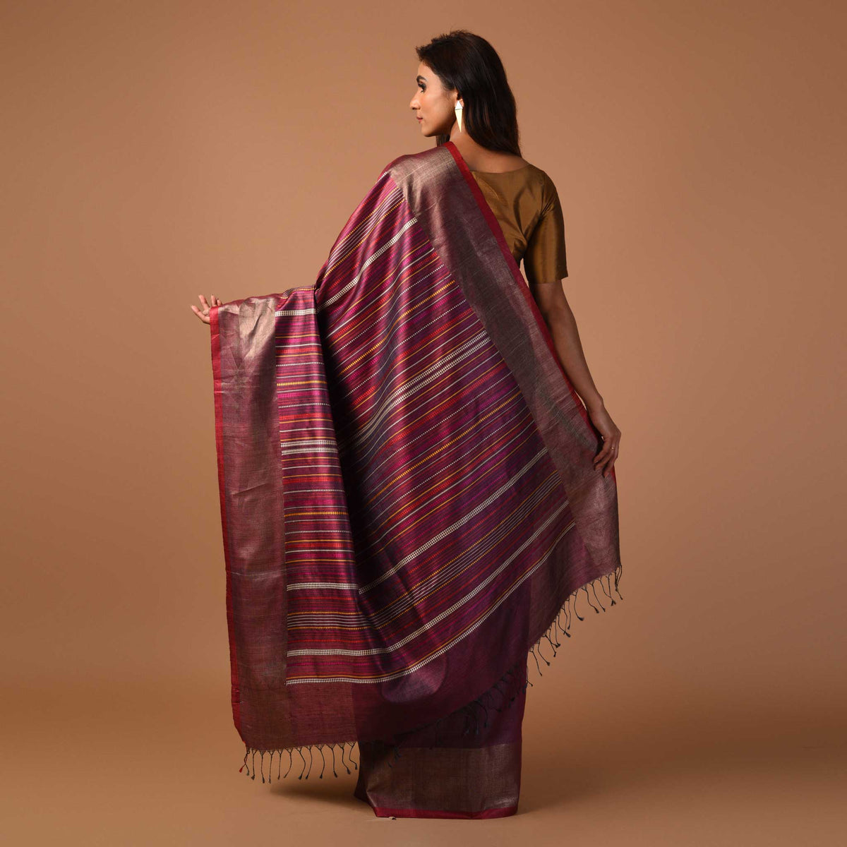 BEEJ Long Pallu Handwoven Tussar Silk Saree - Purple Burgundy