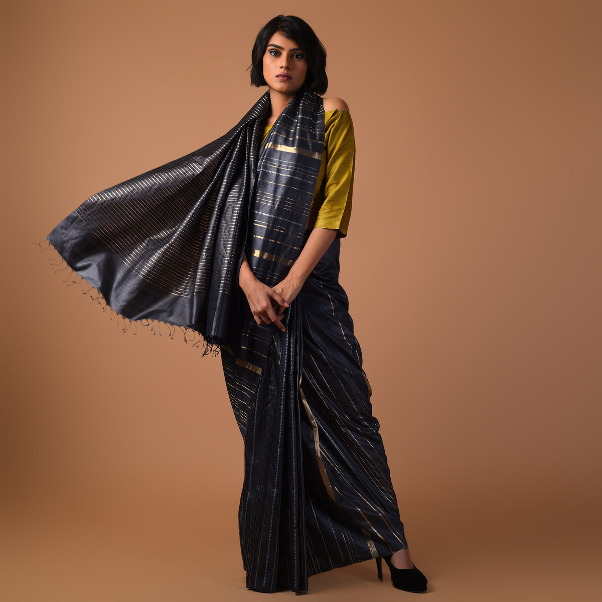 JHOOM Handwoven Tussar Silk Saree - Black