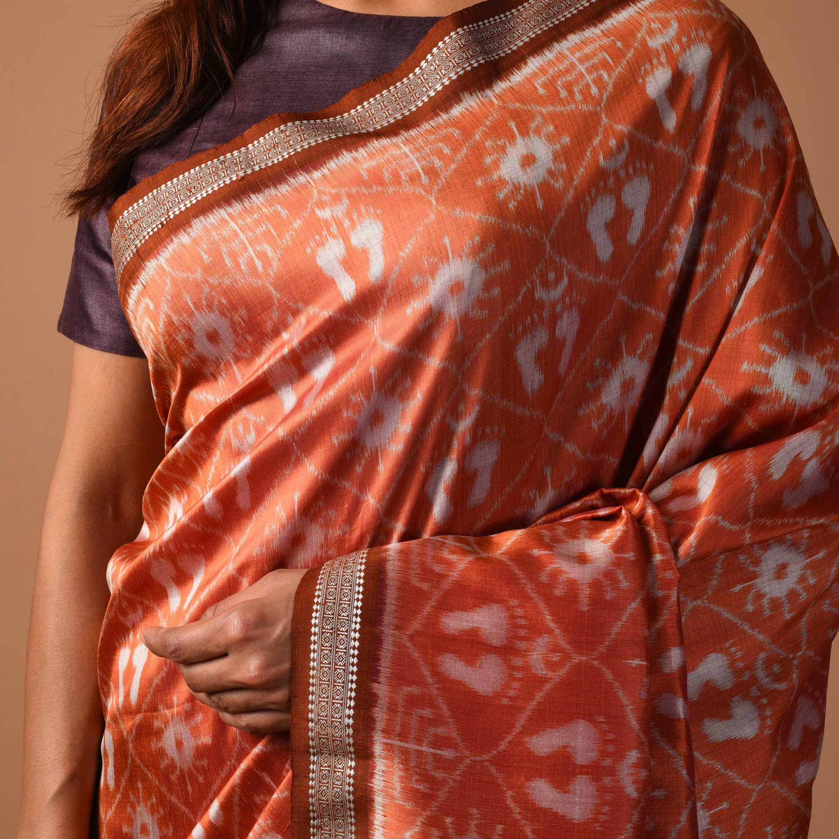 IKAT MASTERPIECE Lakshmi Handwoven Silk Saree -  Rust Orange