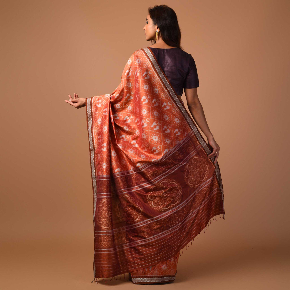 IKAT MASTERPIECE Lakshmi Handwoven Silk Saree -  Rust Orange