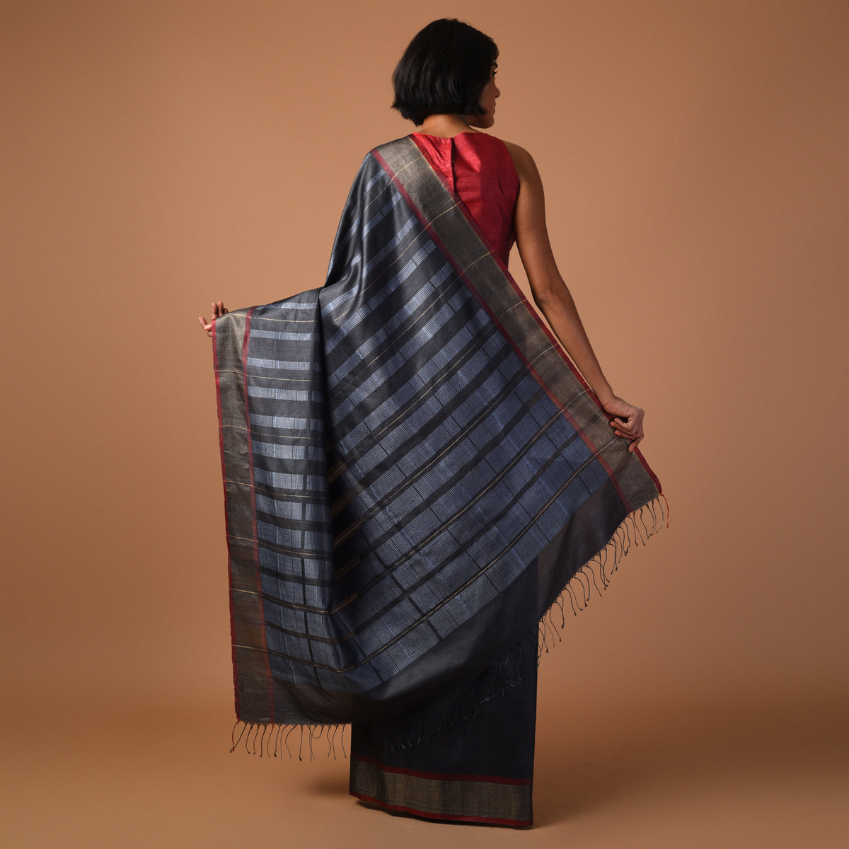 Kadam Handwoven Tussar Silk Saree- Charcoal Black