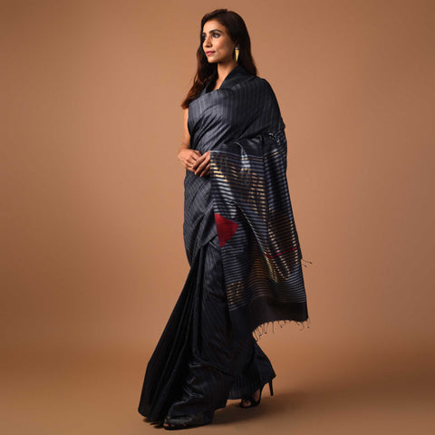Bindu Handwoven Tussar Silk Saree - Charcoal Black