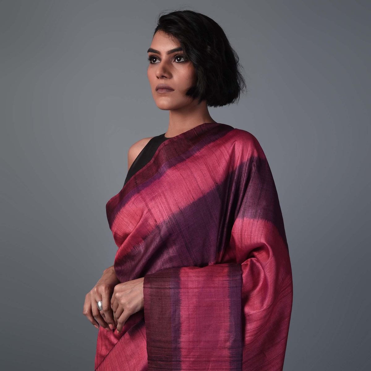 Ikat Tussar Bijli Handwoven Silk Saree - PURPLE PINK