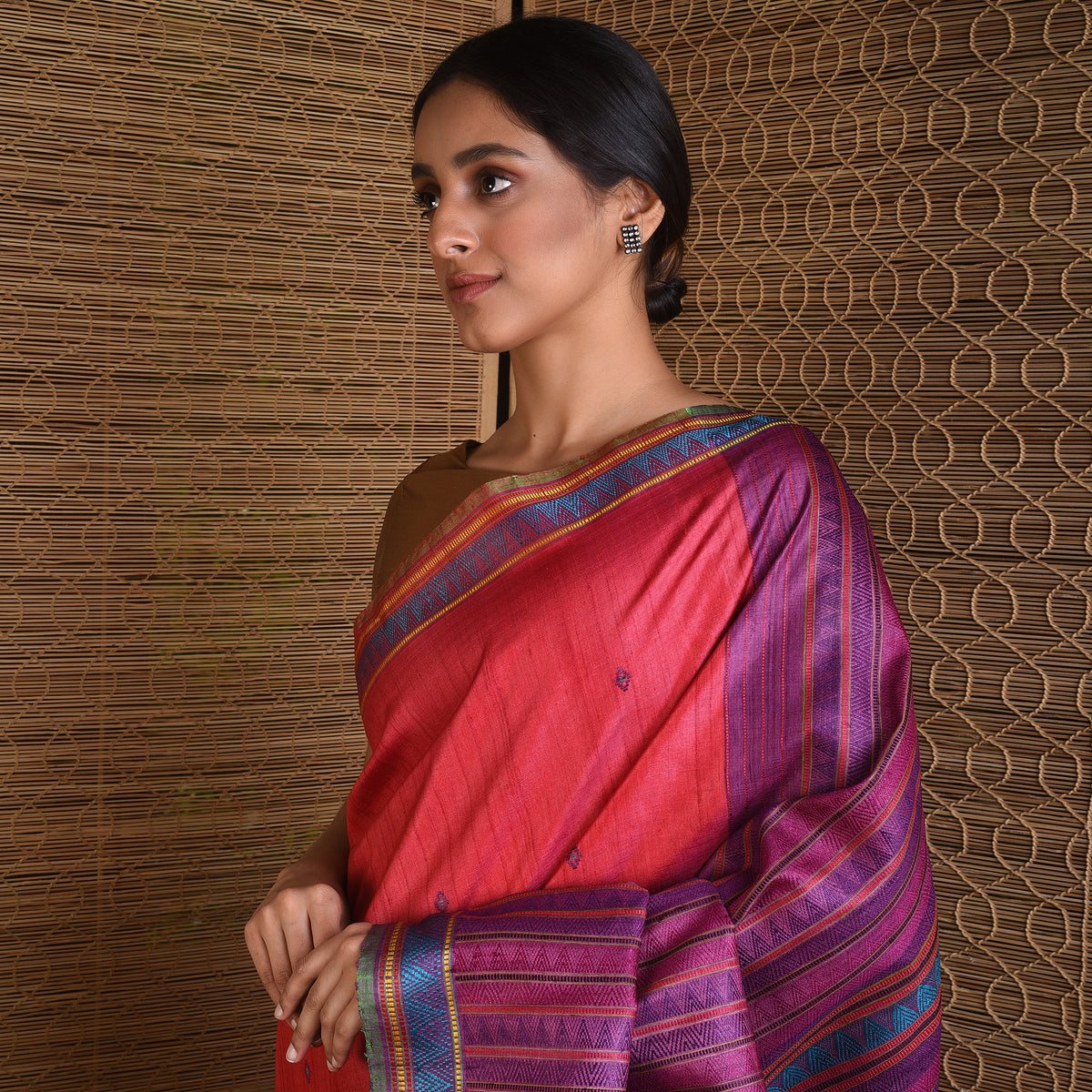 DONGRIA Handwoven Tussar Silk Saree - Cherry Red